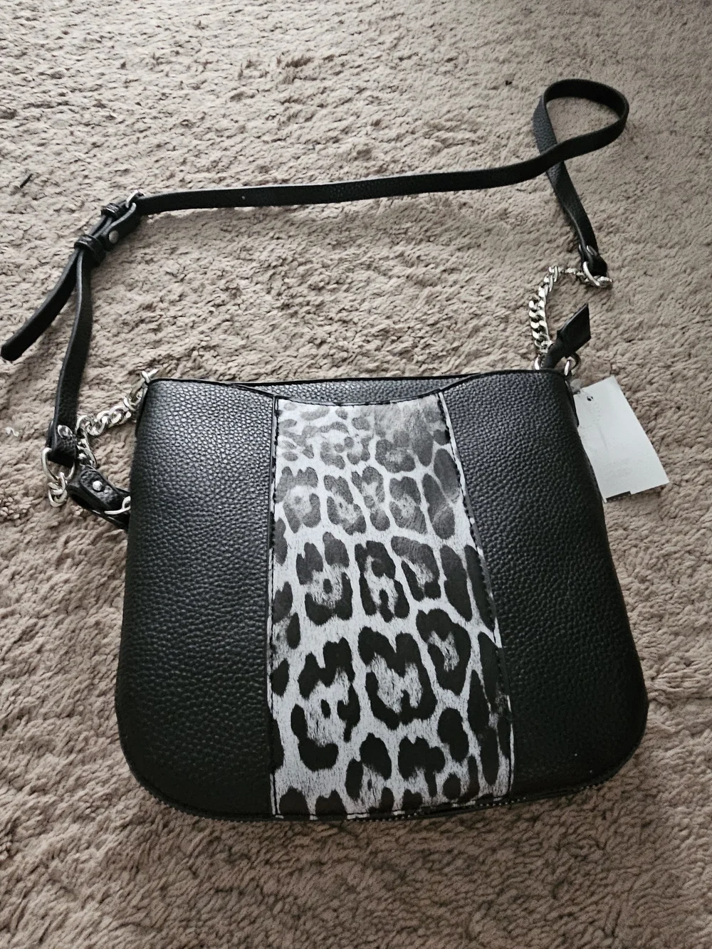 Black Crossbody Bag with Gray Leopard Accent and Chain Strap